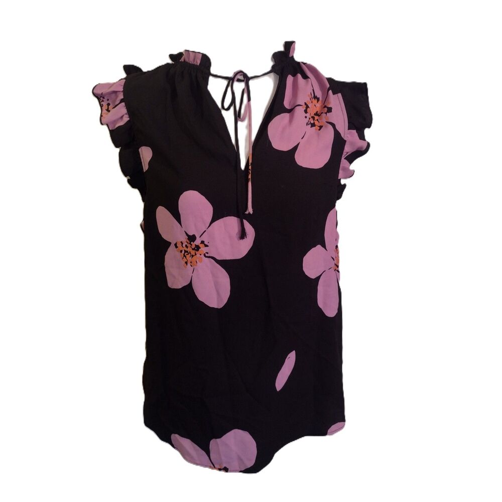 Kate Spade New York Black Pink Floral Ruffle Tie Neck Blouse Top XXS